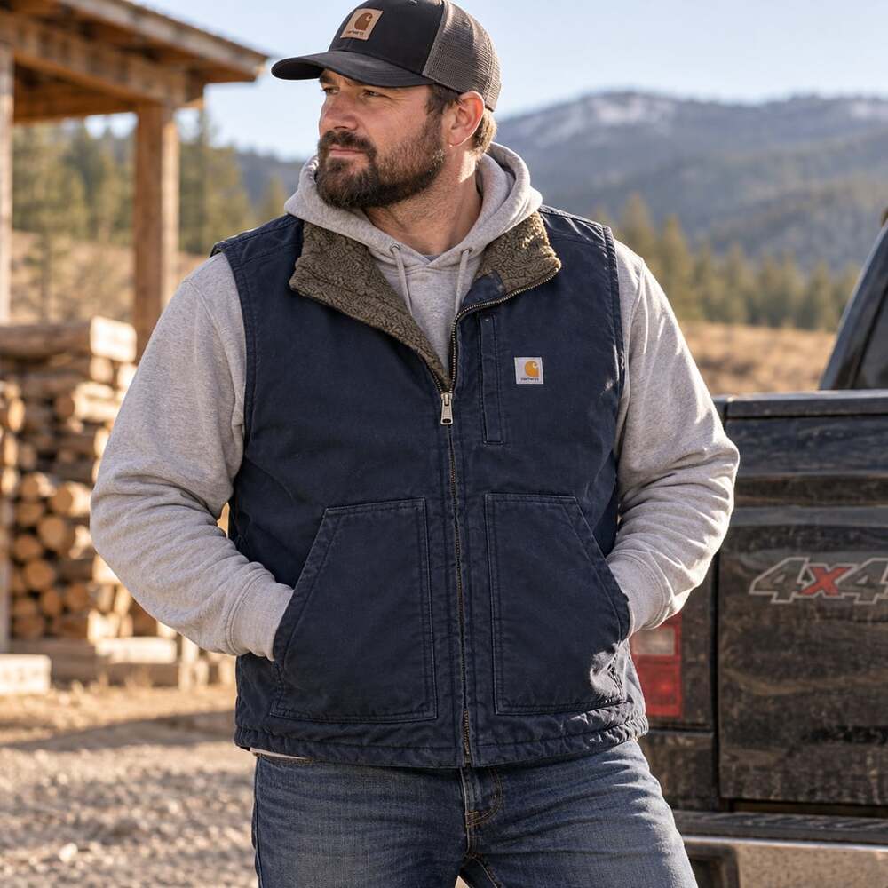 Carhartt Men’s XL Loose Fit Sherpa Lined Mock Neck Navy Blue Vest Outdoors